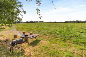 Ein Essbereich im Freien mit Grill, Holztisch und Bänken in einer Wiese.