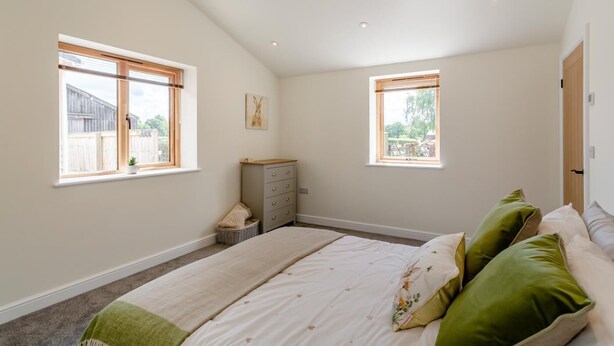Une chambre avec un grand lit, deux fenêtres, une commode et une petite plante.