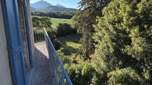 A balcony with a view of a mountainous landscape and dense forest.