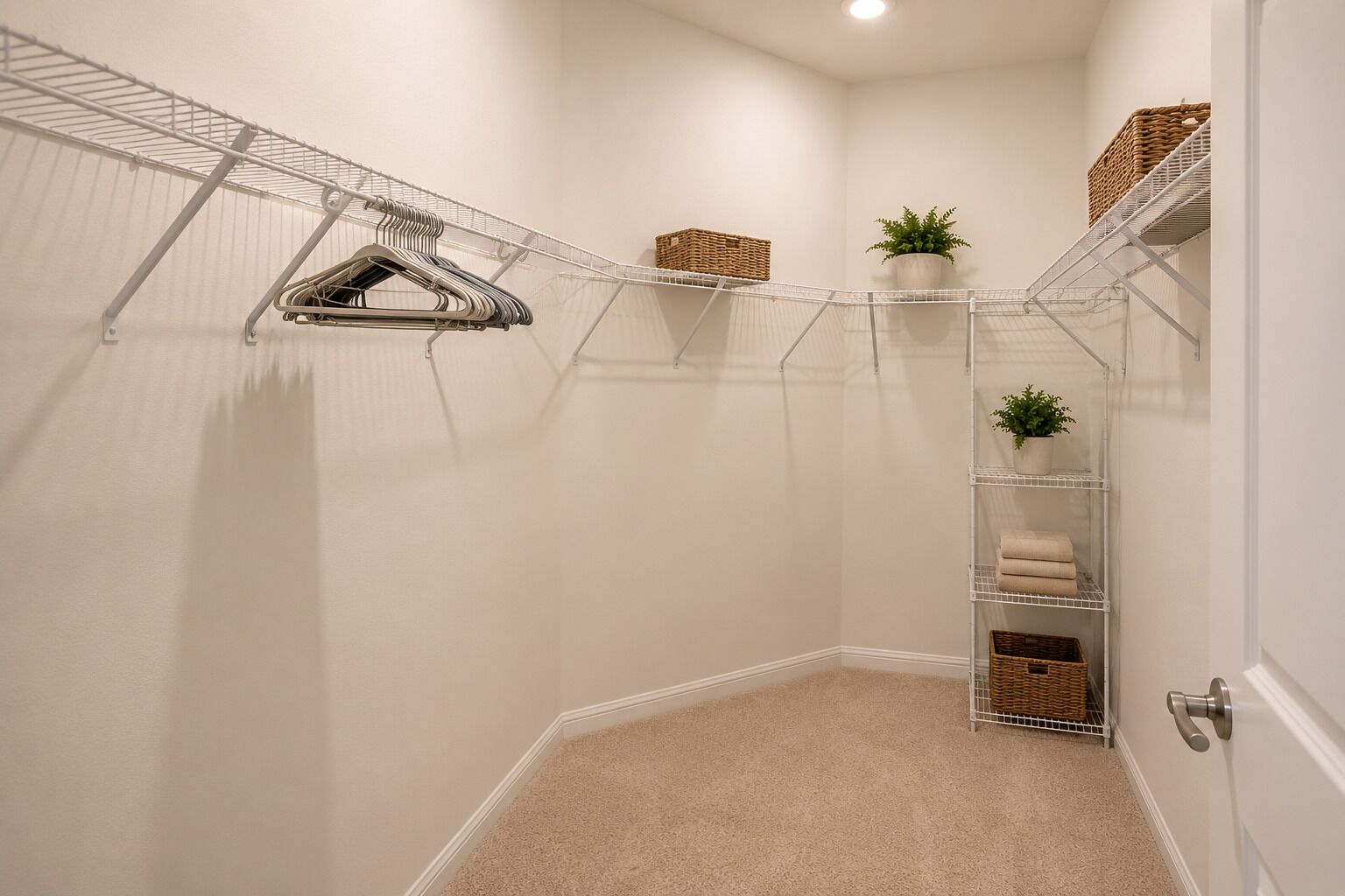 Un dressing avec des étagères en métal, une tringle à vêtements et une plante en pot.