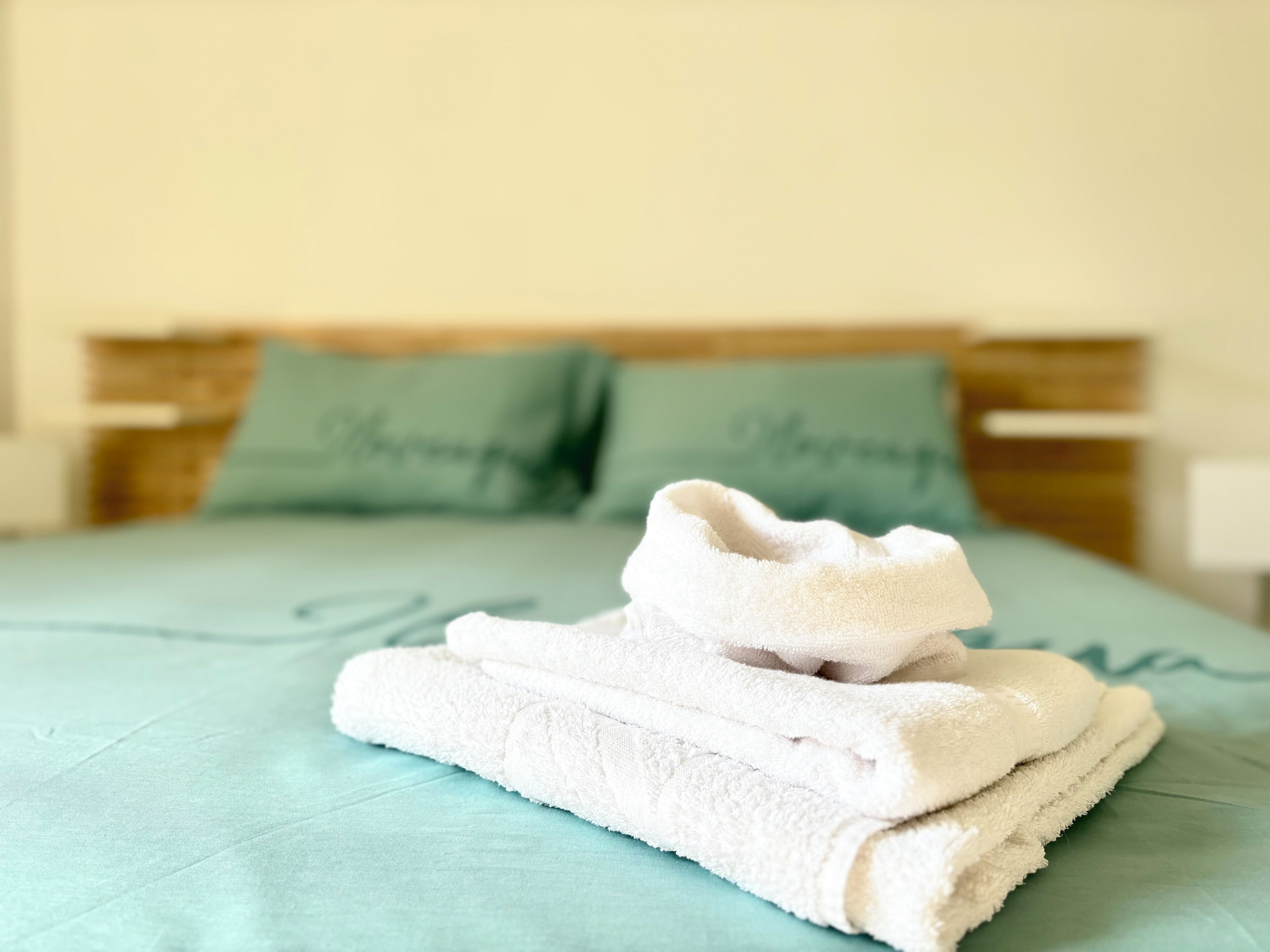 Un letto ben rifatto con una coperta verde e due cuscini con scritte sopra.