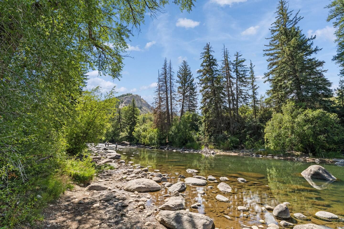 Une rivière aux eaux claires, parsemée de rochers, bordée d’arbres et avec une montagne en arrière-plan.