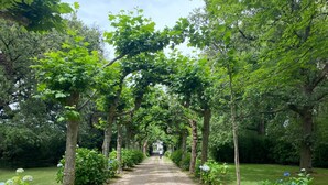 A gravel pathway flanked by trees and shrubs, leading to a distant structure. - La Grange House, a charming property with a pool - Sleeps 10 - 5 Cantons (Anglet)