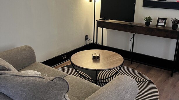 Un salon moderne avec un canapé, une table basse ronde, un téléviseur posé sur un meuble, une lampe sur pied et une petite plante.