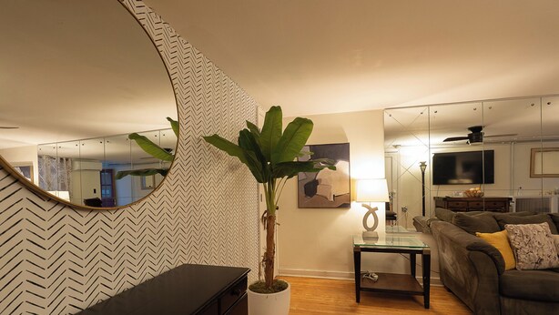 Een woonkamer met een grote spiegel, een plant in pot, een bank, een salontafel en een televisie.