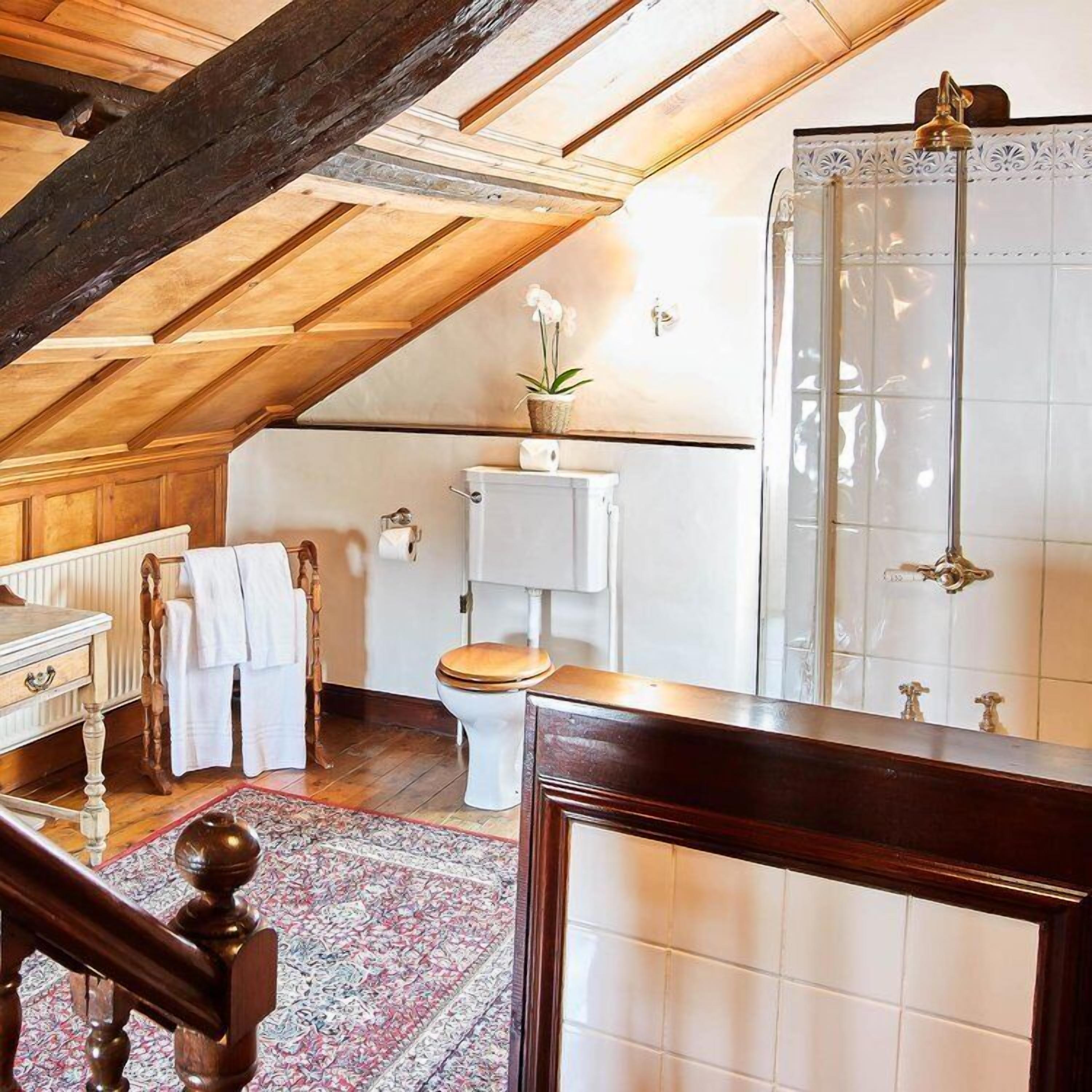 A traditional bathroom with a wooden ceiling, a white toilet, a shower with a glass door, and a wooden floor.