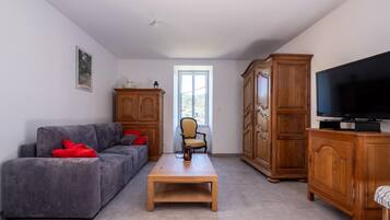 Un salon avec un canapé gris, une table basse en bois, un téléviseur posé sur un meuble en bois et une fenêtre laissant entrer la lumière naturelle.