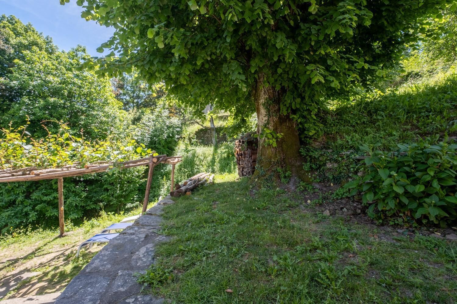 Un chemin de pierres menant à une pergola en bois, au cœur d’un jardin luxuriant et verdoyant.