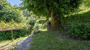 Un chemin de pierres menant à une pergola en bois, au cœur d’un jardin luxuriant et verdoyant.