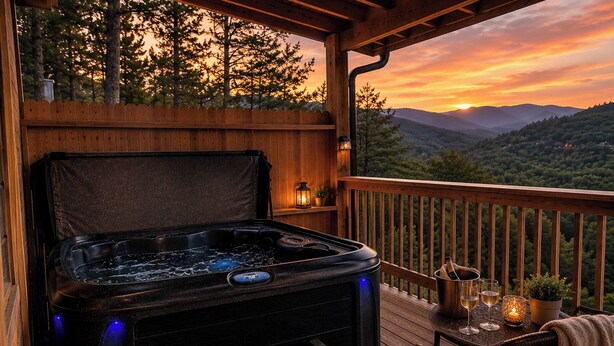 Un jacuzzi en una terraza de madera con vistas a montañas y árboles.