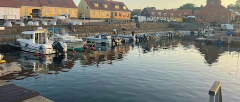 A marina with boats docked, a stone wall, and residential buildings in the background.
