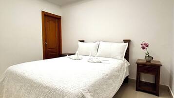 Un dormitorio con cama, mesita de noche, puerta y lámpara de techo.