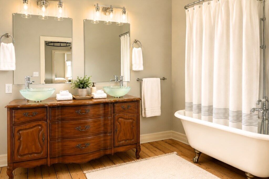 A bathroom with a wooden vanity, two glass sinks, a white bathtub, and a shower curtain.