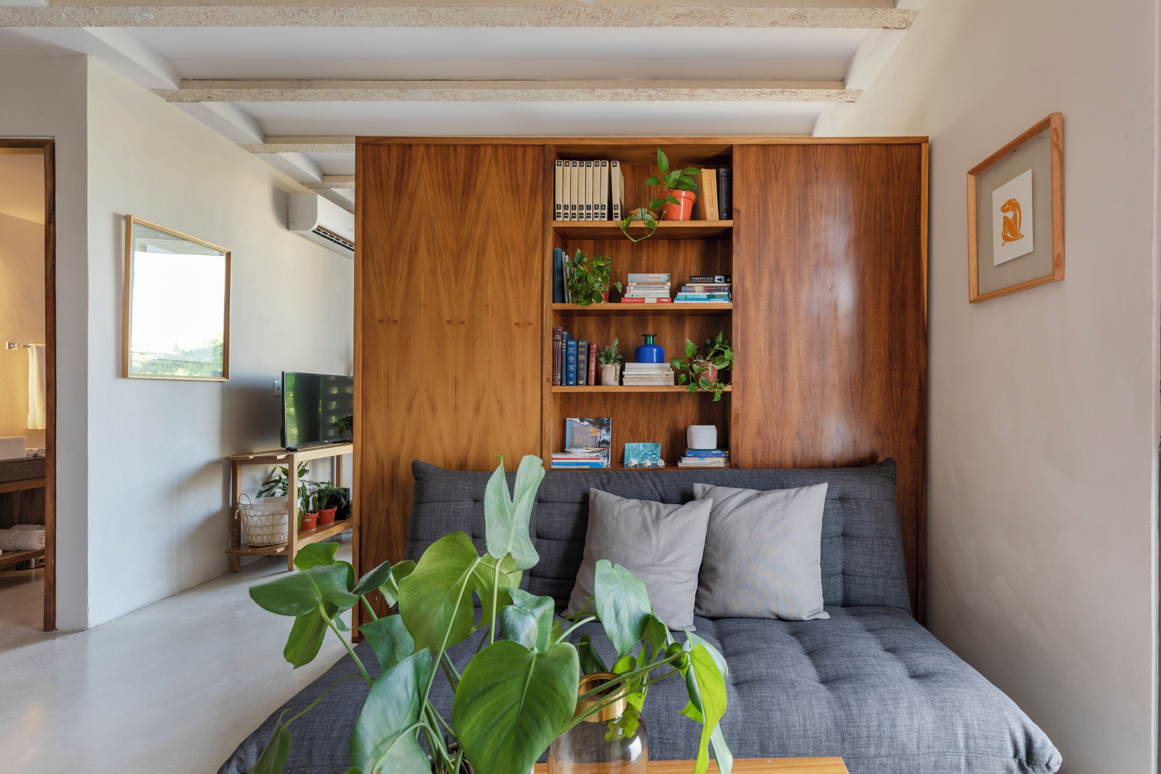 A living room with a grey sofa, wooden bookshelf, and a television on a stand.