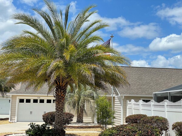 A residential area with a white garage, a palm tree, and a white picket fence.
