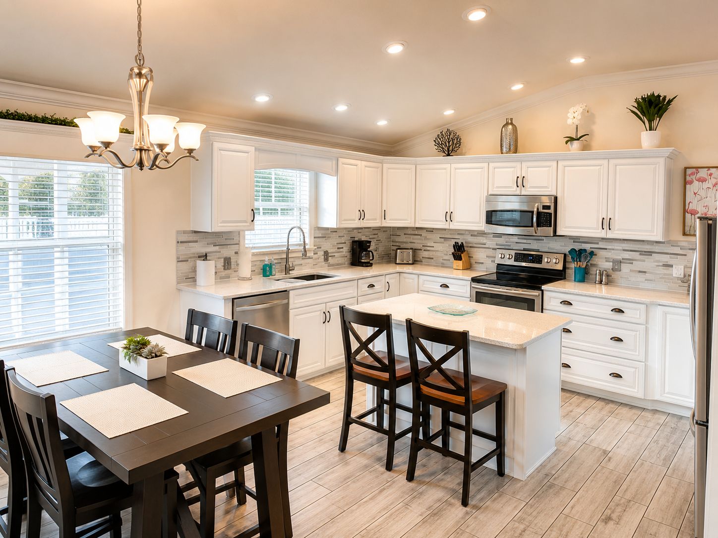 A modern kitchen with white cabinetry, a central island, and a dining area with a dark wooden table and chairs.