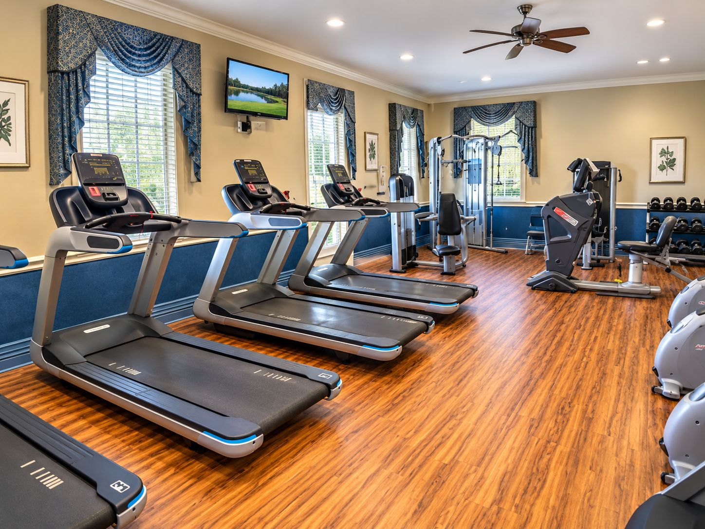 Une salle de sport équipée de tapis de course, d’appareils de musculation et d’un ventilateur de plafond.