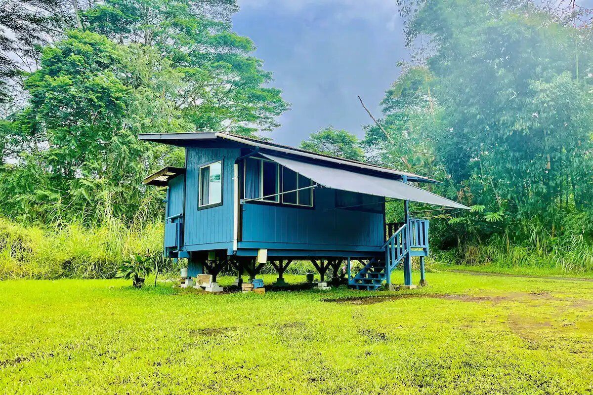 A blue wooden house with a porch and steps, surrounded by greenery.