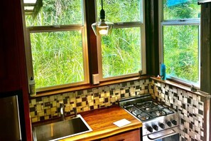 A kitchen with a tiled backsplash, a gas stove, a sink, and large windows overlooking greenery.
