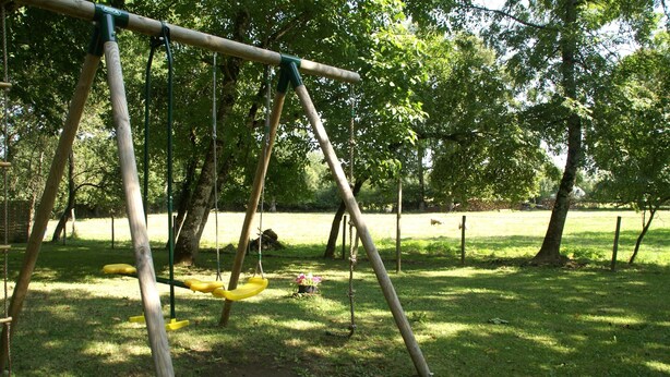 En gunga i en park med träd i bakgrunden.