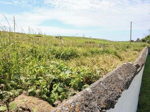 Ländliche Landschaft mit einer Steinmauer, grünen Feldern und einem klaren Himmel.