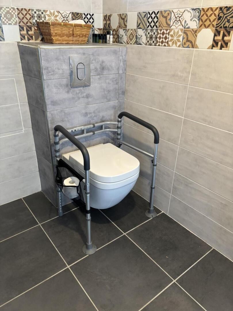 A modern bathroom with a toilet, grab bars, and a patterned tile backsplash.
