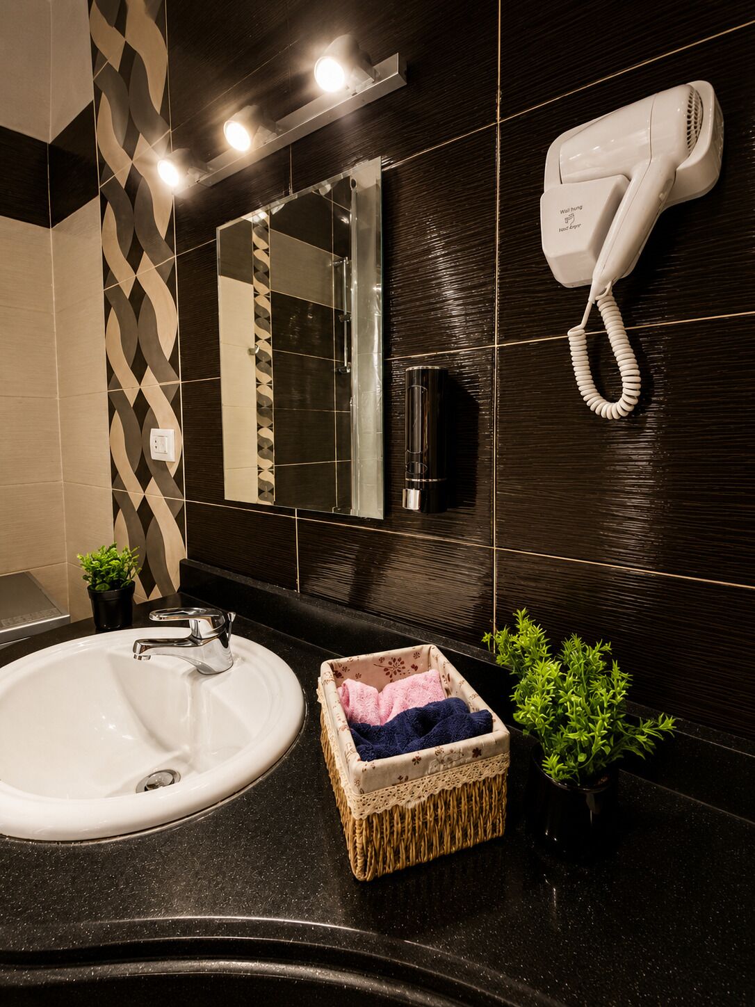 A modern bathroom with a large sink, a hairdryer mounted on the wall, a mirror, and a small plant.