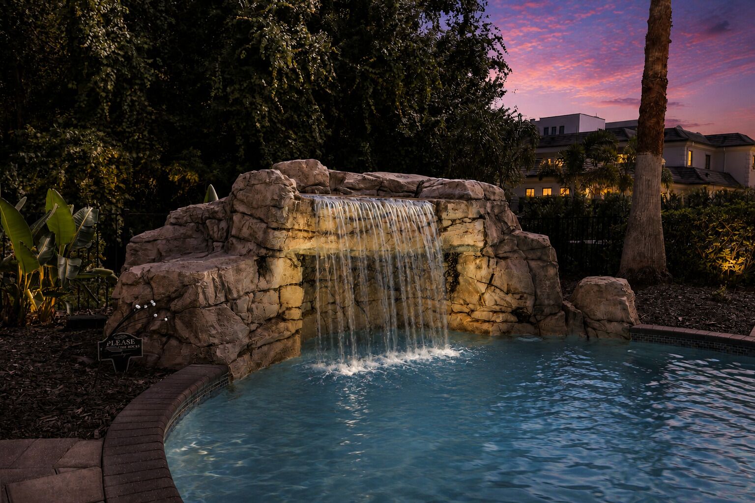 A swimming pool with a waterfall feature surrounded by rocks and vegetation.