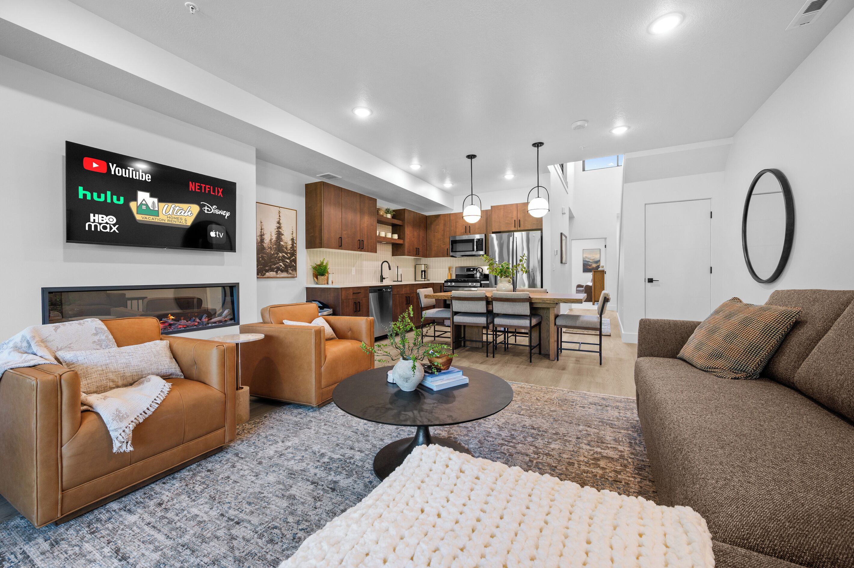 Smart TV, fireplace, books