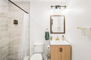 Chuveiro, secador de cabelo, sabonete, papel higiênico