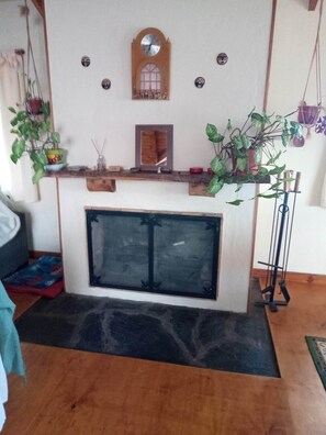 A room with a fireplace, a wooden shelf with plants, a mirror, and a wall clock. - House a few blocks from Nahuel (San Carlos de Bariloche)