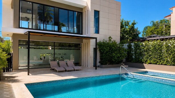 A modern building with a glass facade, a pool area with lounge chairs, and a clear blue sky. - Family Comfort Apt, W/ Patio. BBQ/ Gym (Santiago de los Caballeros)