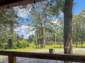 Vista desde una terraza de madera con una taza blanca en la barandilla, con vista a una zona verde con árboles y un cielo despejado.