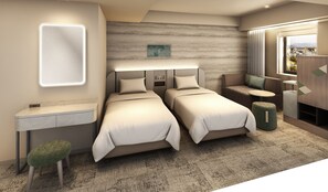 Une chambre d’hôtel moderne avec deux lits, un bureau, un petit coin salon et une vue sur la ville.