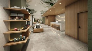 Un hall d’hôtel moderne comprenant un comptoir d’accueil, un espace salon et des étagères décoratives.