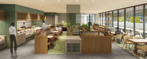 Un restaurant moderne doté d’un espace cuisine, de tables et offrant une vue grâce à de grandes fenêtres.
