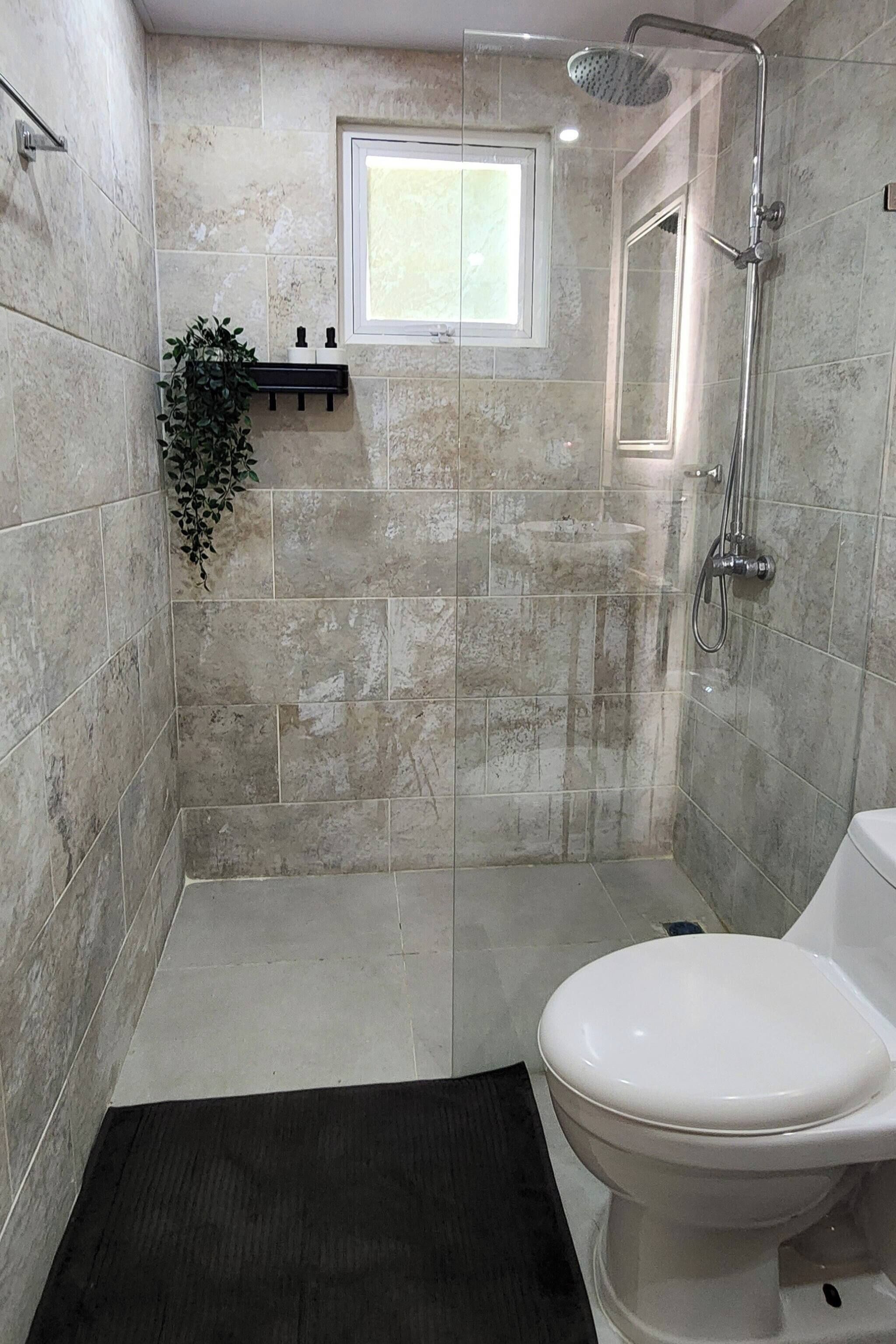 A bathroom with a shower, toilet, and a small window.