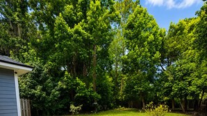 Un patio con tavolo e sedie dal piano in vetro, circondato da un prato curato e alberi.