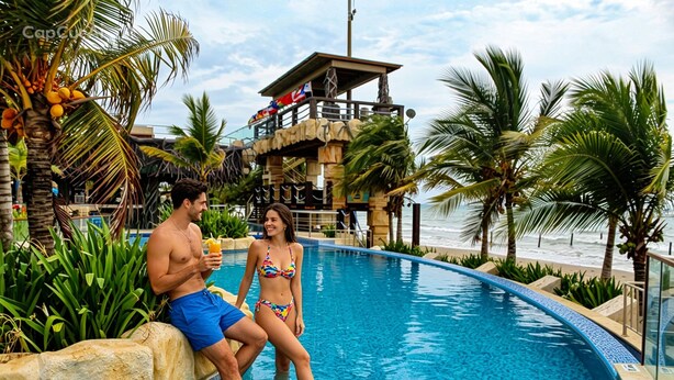 A couple by a pool with a view of the ocean, palm trees, and a resort building. - Lujoso Apartamento en la primera linea del mar con picsinas (santiago de tolu)