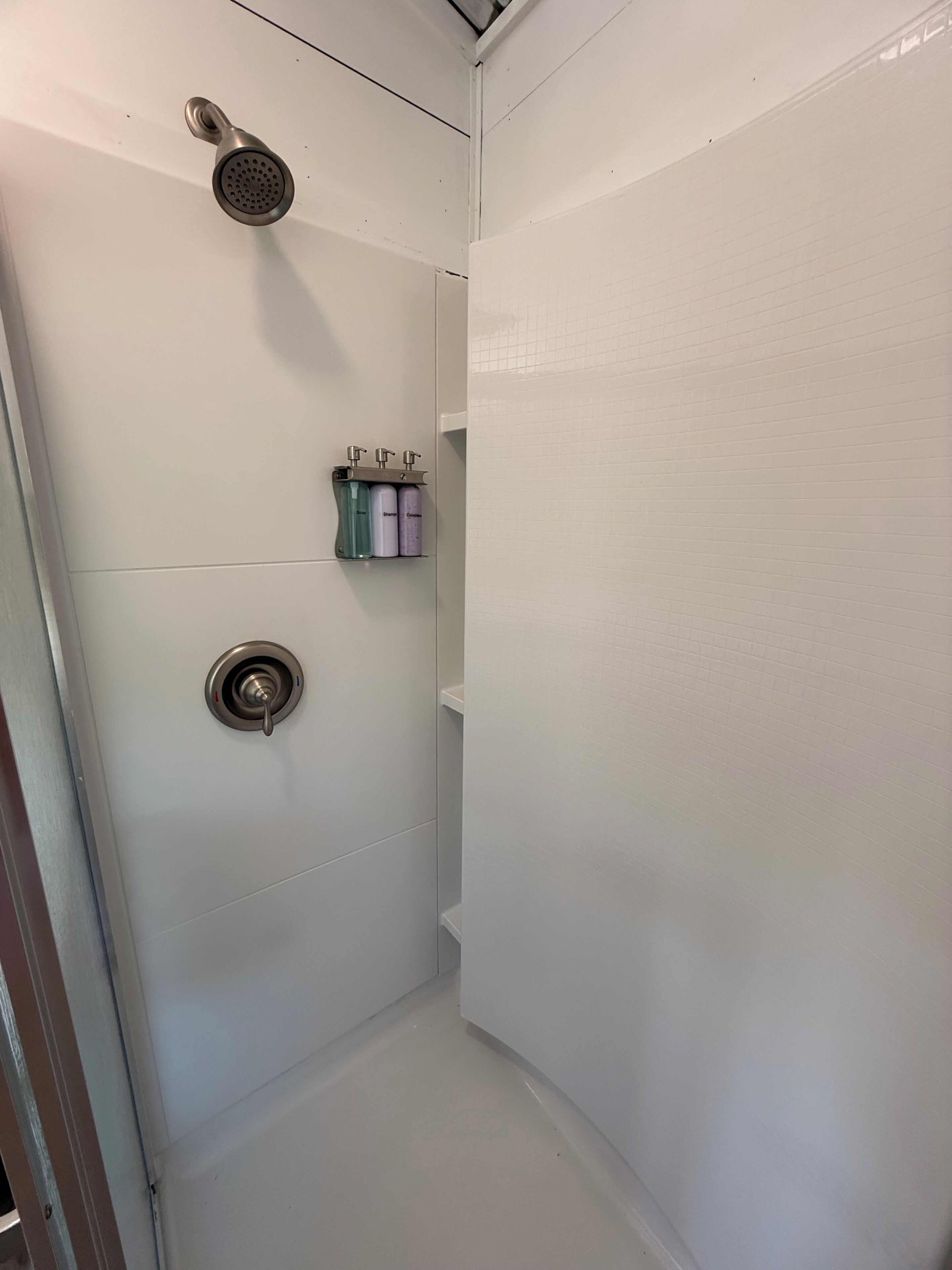 A bathroom with a shower, a toilet, and a shelf with toiletries.