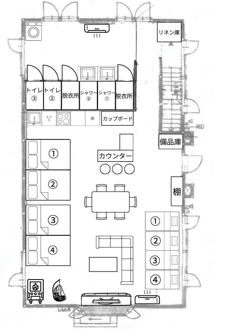 A hotel floor plan with a laundry area, kitchenette, and a dining area.