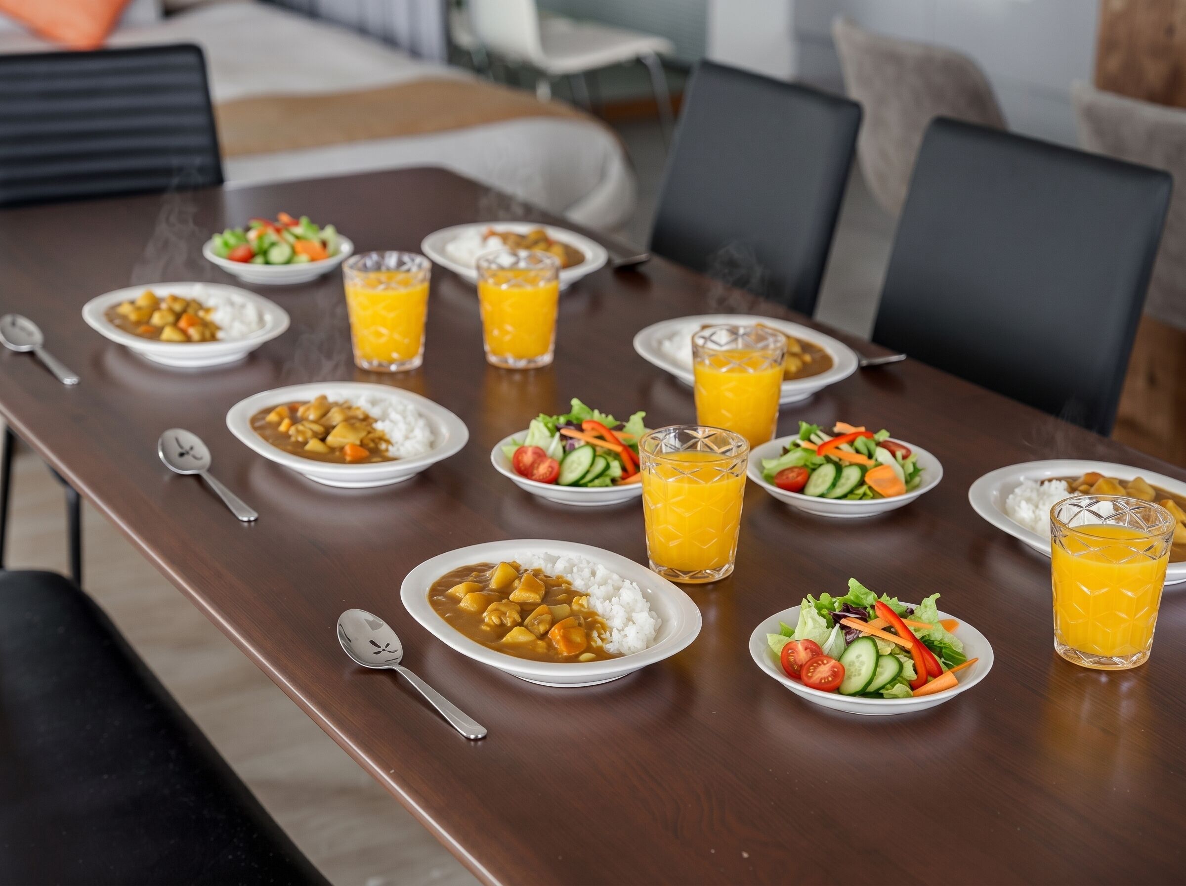 Una mesa de comedor con platos de comida, vasos de jugo de naranja y cucharas.
