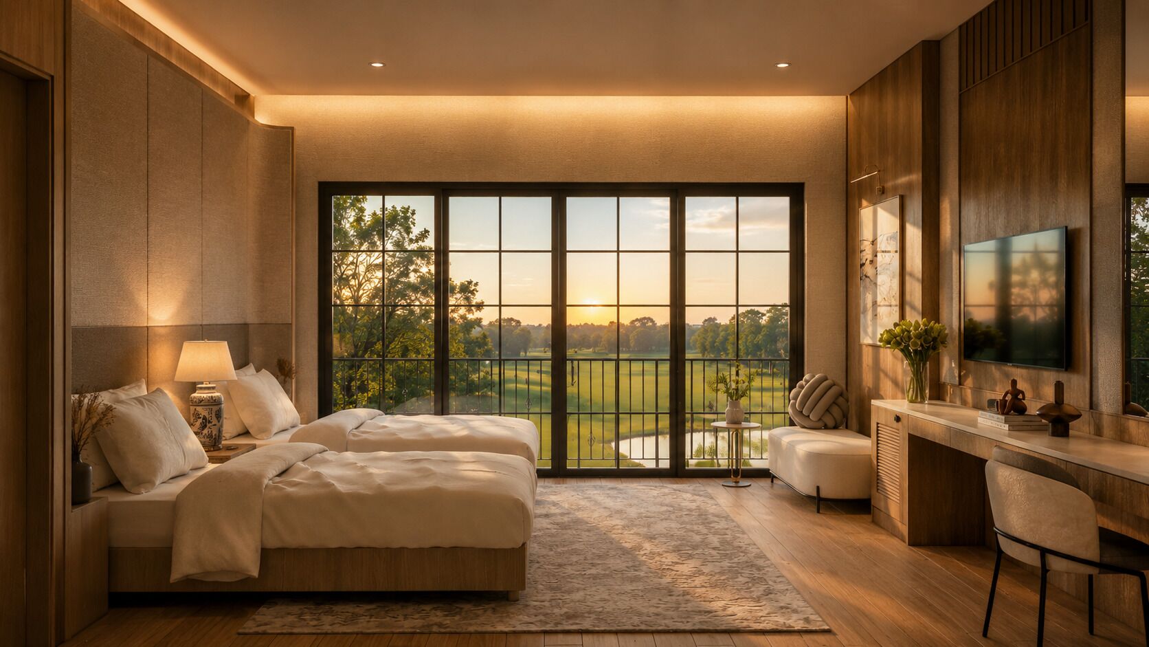 Standard-Zweibettzimmer, Balkon, Blick auf den Golfplatz