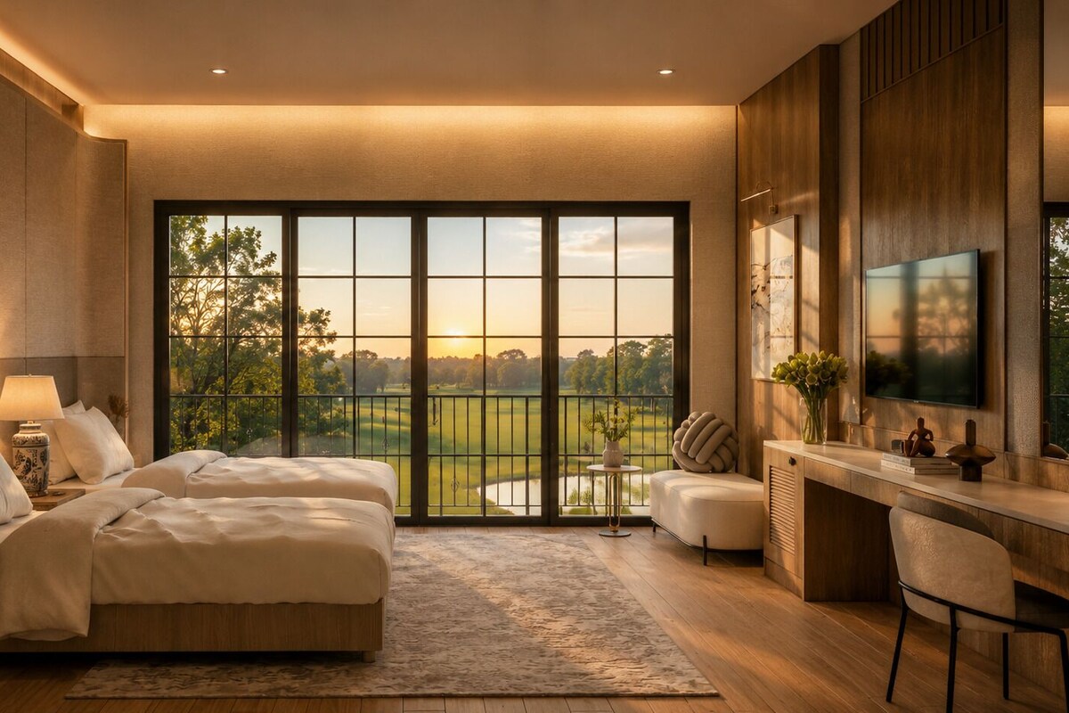 Een slaapkamer met een groot raam, een bed, een bureau en een stoel.