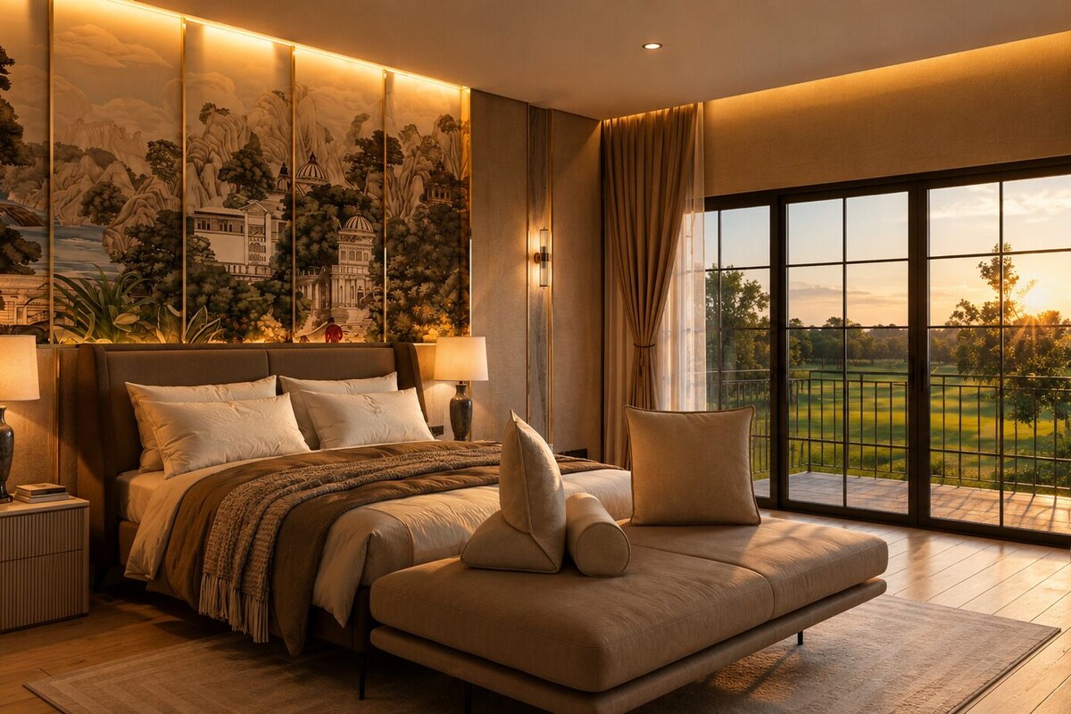 Een slaapkamer met een groot bed, een nachtkastje, een lamp en uitzicht op een groen landschap door grote ramen.