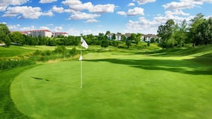 Un parcours de golf avec un mât de drapeau, une pelouse parfaitement entretenue et un ciel dégagé.