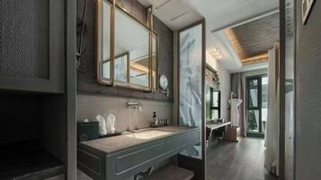 Economy Double Room, Hill View | Bathroom | Combined shower/tub, spring water tub, rainfall showerhead
