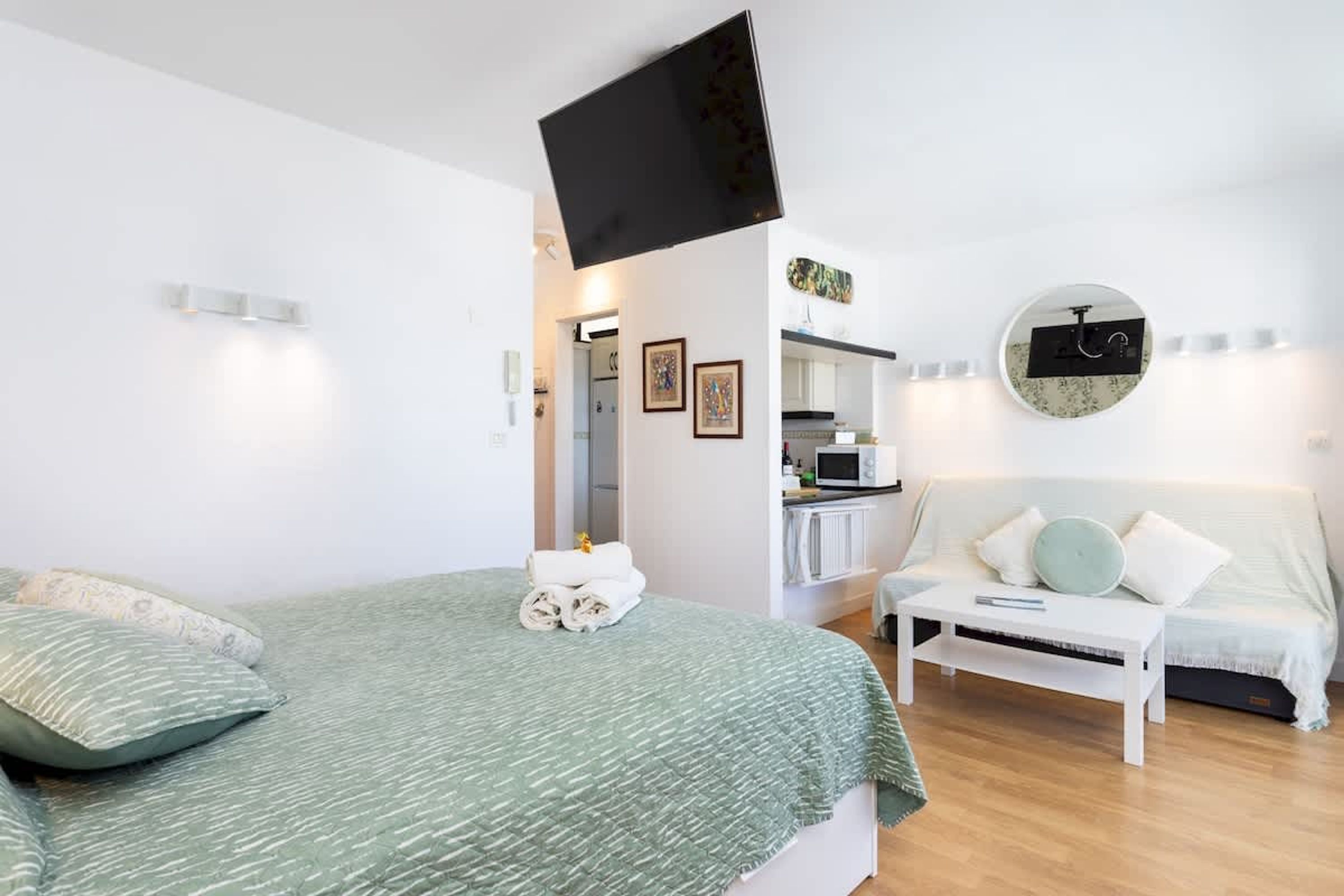 A bedroom with a bed, a white sofa, a TV, a kitchen area, and a bathroom.
