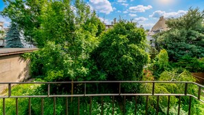 A lush garden with a metal railing, dense foliage, and a clear blue sky. - Spokojna Comfort Studio (Kraków)