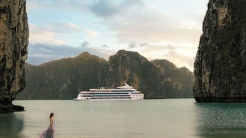 A cruise ship on a calm body of water with rocky cliffs on either side.